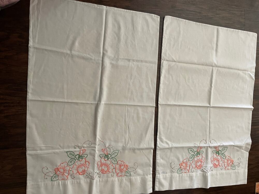 Vintage embroidered floral pillowcase pair standard size